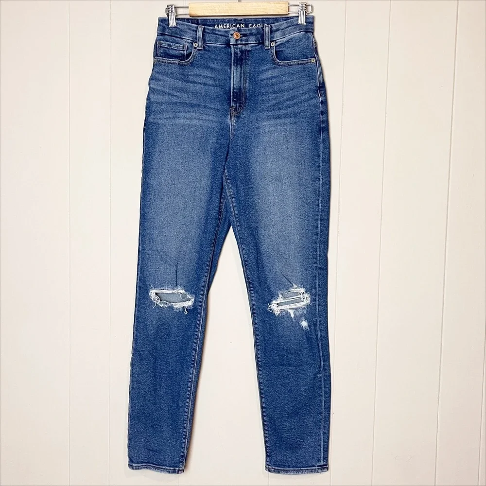 American Eagle Curvy Mom Jeans 4 X-LONG High Waisted Ripped Blue‎ Denim Stretch